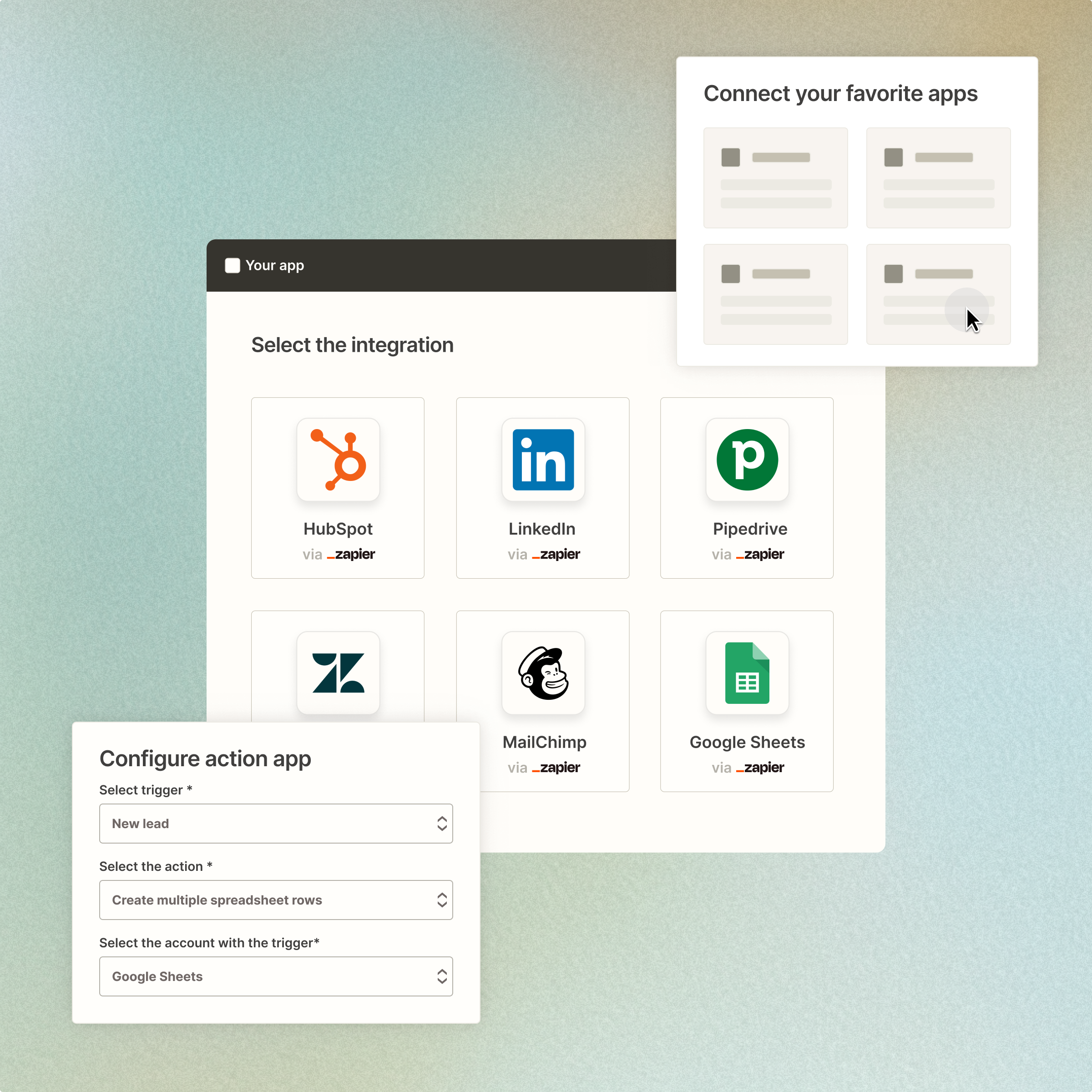 A product screen showing the developer platform with various app integrations